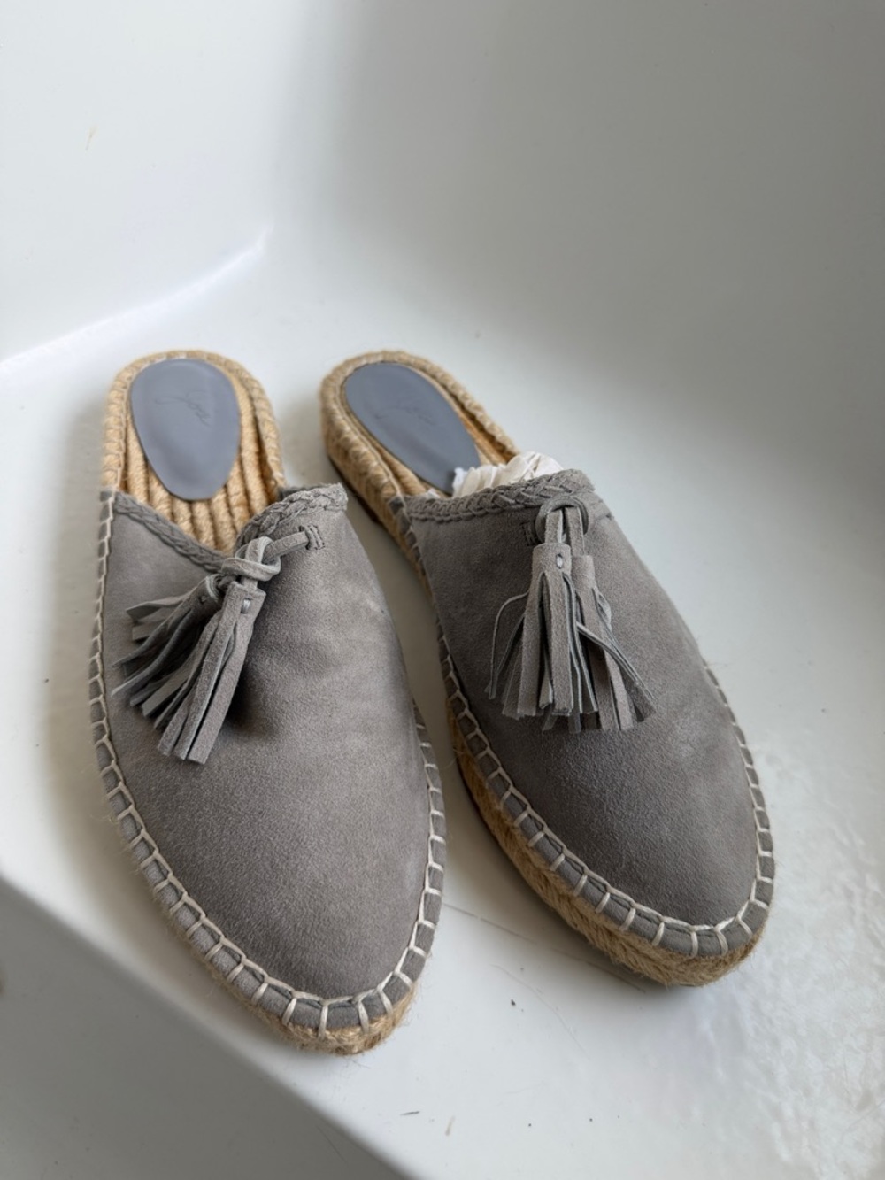 Joie Gray Suede Tassel Espadrille Mules